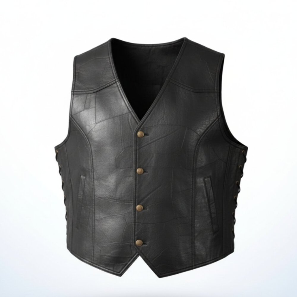 Men’s Leather Biker Vest L Black Live To Ride Eagle Snap Motorcycle